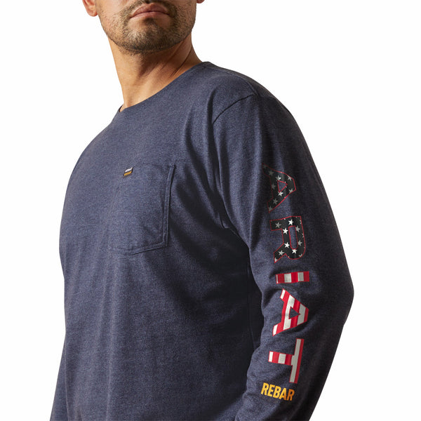 Ariat 10062755 Men's Rebar Cotton Strong Standard Logo Pocket Long Sleeve T-Shirt - Navy/USA