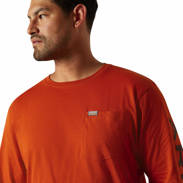 Ariat 10062759 Men's Rebar Cotton Strong Standard Logo Pocket Long Sleeve T-Shirt - Potter's Clay/Bitter Chocolate