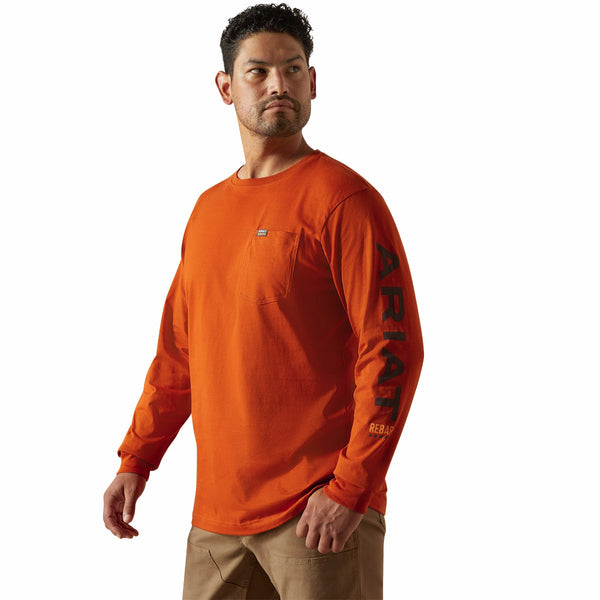 Ariat 10062759 Men's Rebar Cotton Strong Standard Logo Pocket Long Sleeve T-Shirt - Potter's Clay/Bitter Chocolate