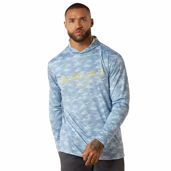 Ariat 10071658 Men's Rebar Sunblocker Printed Craft Hooded Long Sleeve T-Shirt - Dusty Blue