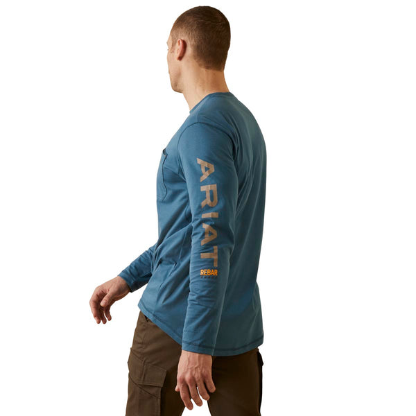 Ariat 10046633 Men's Rebar Workman Logo Long Sleeve T-Shirt - Indian Teal/Tiger's Eye